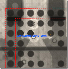 BGA錫球尺寸小于0.4mm，采用降低BGA內圍襲球的錫膏量所得到X-Ray，稍微留意一下可以發(fā)現(xiàn)最外圈的錫量(圓的直徑)比其他內圍的錫球上的錫量來得多一點點。也就是外圈的黑色圓形直徑比內圈的圓形來得大一點點。