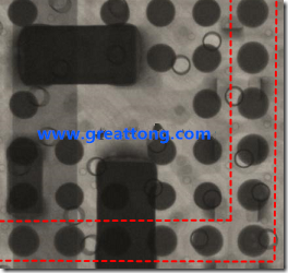 BGA錫球尺寸小于0.4mm，采用降低BGA內圍襲球的錫膏量所得到X-Ray，稍微留意一下可以發(fā)現(xiàn)最外圈的錫量(圓的直徑)比其他內圍的錫球上的錫量來得多一點點。也就是外圈的黑色圓形直徑比內圈的圓形來得大一點點。