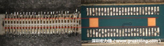把板對(duì)板連接器與其電路板的佈線焊墊作一個(gè)比較，端子的切斷面有毛邊的地方剛好對(duì)到了裸銅區(qū)。