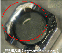 使用錫(Sn)鍍層的電源電感器(Power Inductors)，經(jīng)過(guò)推力測(cè)試后，其焊點(diǎn)還保留在零件的端點(diǎn)上，所以推力比較高。