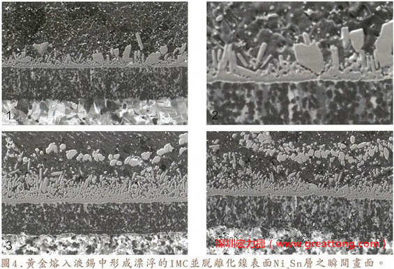 下面四張圖片為放大4500倍的SEM圖像，說明在回流焊爐熱量不足的情況下，黃金成份正要從鎳層分離融入焊錫之中的瞬間，當(dāng)零件遭受外力沖擊的時(shí)候就極有可能從這一整排AuSn、、AuSn2或AuSn4的IMC處裂開。