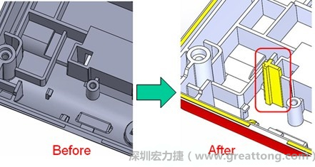既然知道可能的問題出在電路板變形量過大,于是在電路板上黏貼應(yīng)力計(Stress Gauge)然后先量測未改善前的應(yīng)力數(shù)據(jù)。改善方法是在BGA的附近新增機溝肋柱(rib)來頂住電路板以降低電路板在落下時的變形量。