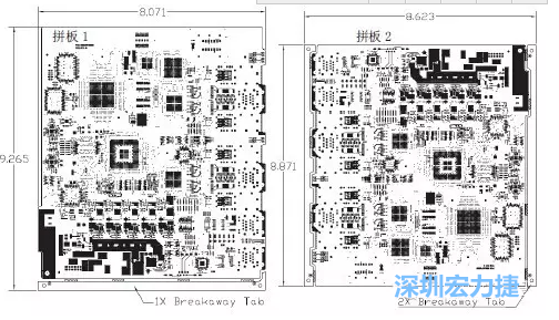 如圖7所示是使用不同數(shù)量邊條的拼板，拼板1僅使用了一個邊條，直接利用PCB另一邊作為SMT工藝傳送邊，并且PCB圖形中有合適的安裝孔；而拼板2則是按常規(guī)設(shè)計了兩個邊條。拼板方式為連接筋。圖中“Breakaway Tab”指邊條-深圳宏力捷