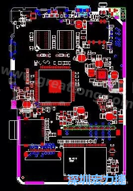 上圖是一個(gè)開(kāi)發(fā)板的PCB，從布局中可以看出各個(gè)接口電路分離很明確，SDRAM和DDR以及SD卡接口電路等走線(xiàn)不會(huì)造成相互的干擾。-深圳宏力捷