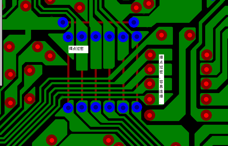 PCB設(shè)計(jì)焊點(diǎn)過密，易造成波峰連焊，焊點(diǎn)間漏電