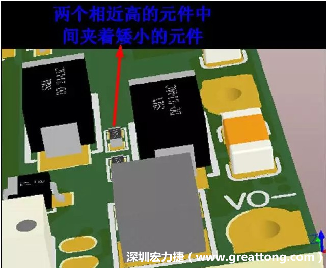 放置器件時要考慮以后的焊接和維修，兩個高度高的元件之間盡量避免放置矮小的元件