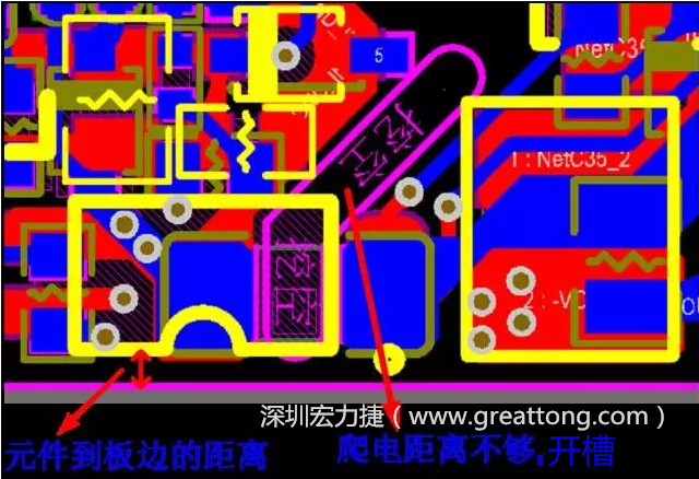 如果碰到模塊PCB空間有限，爬電距離不夠，可以采用開槽的方式