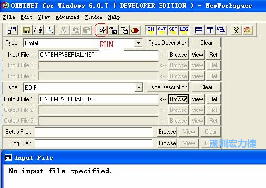 輸出文件類型(Type)選 EDIF。Output File 1 指定輸出文件的文件名和路徑。然后點擊 Run(跑動的小人)。