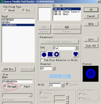 分析文件完成后，點擊菜單Setup→Pad Stacks調出焊盤堆設置窗口，將Pad Stack Type改為Via