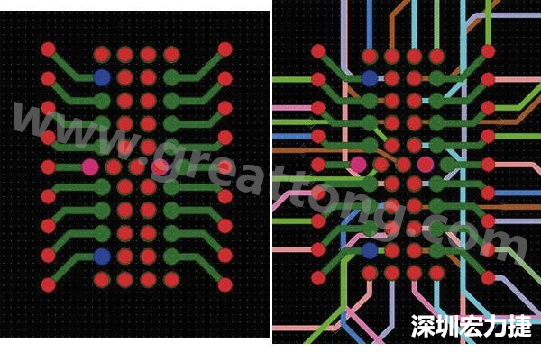 圖7：焊盤內(nèi)過孔用于內(nèi)部，而外部接腳在0.5mm閘格上扇出。圖7a顯示的是頂層(左)；圖7b顯示頂層和內(nèi)部布線層(右)。