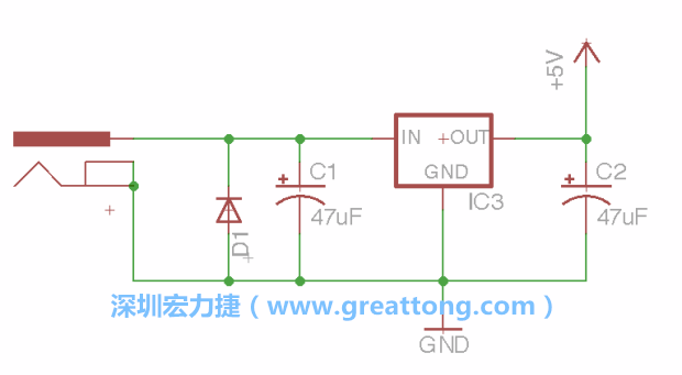 新增RBBB→Power_Jack，將它放在電壓調(diào)整器的輸入端旁邊。