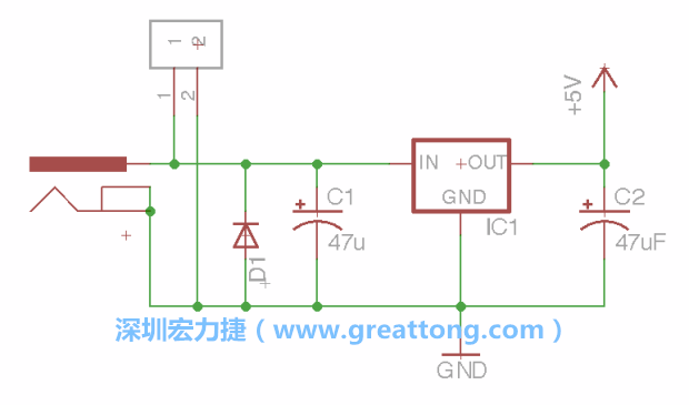 2.5.    新增一個二極體，它會以水平的狀態(tài)出現(xiàn)在屏幕上，請使用「旋轉(zhuǎn)（Rotate）」工具把它負(fù)極那一面朝上，并且用「網(wǎng)絡(luò)連接」工具將它連接在電壓調(diào)整器的輸入端和接地端之間。