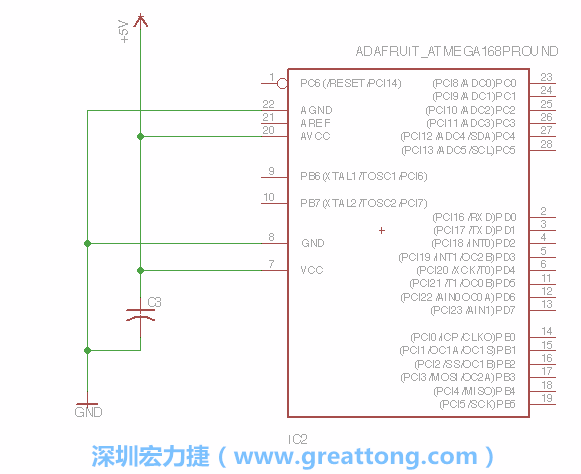 3.1.    新增微控制器晶片（RBBB → ATmega），把它放在電路原理圖的中央附近，把它的兩個接地接頭連接到接地訊號端。