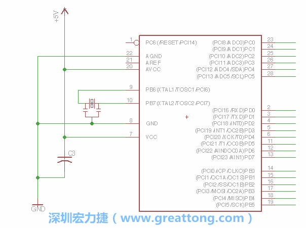 3.2.    在靠近ATmega的電源供應針腳7的位置放置一個0.1μF的電容，將它分別連接電源、接地端和針腳7。