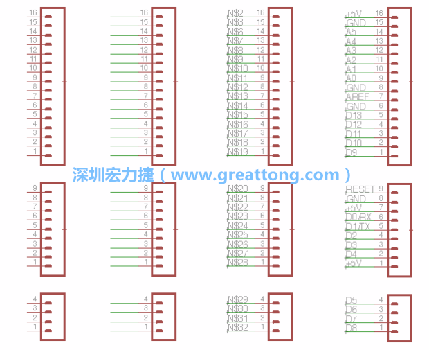 3.5.    你會發(fā)現(xiàn)EAGLE會給每條信號線都內(nèi)建一個標簽，例如：N$2。現(xiàn)在請使用「命名（Name）」工具來為這些信號線重新命名，并使它們符合ATmega的針腳名稱。