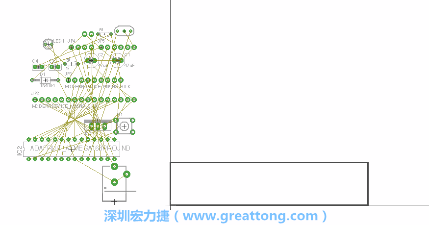 第一次執(zhí)行布線編輯器時(shí)，你會(huì)發(fā)現(xiàn)有兩個(gè)區(qū)塊，左邊的區(qū)塊非?；靵y，而右邊的區(qū)塊則是一個(gè)長(zhǎng)方形的工作區(qū)域，EAGLE免費(fèi)版會(huì)限制你的工作區(qū)域在4” x 3.2”的范圍內(nèi)，如果你試圖將元件擺放在工作區(qū)外的話，就會(huì)跳出警示訊息。