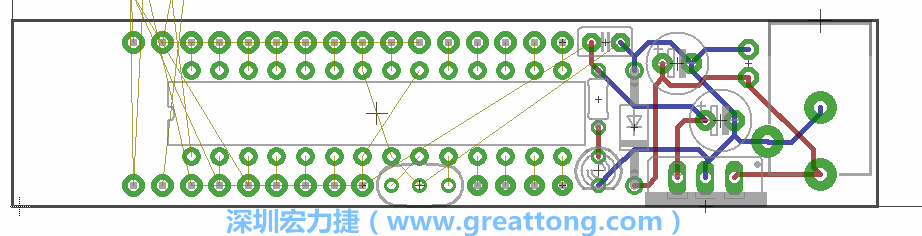 將ATmega微控制器、三個(gè)GPIO排針（JP2, JP3, JP4）和諧振器（resonator）排置如上圖所示。