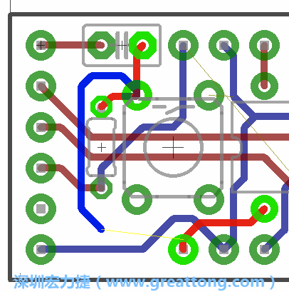 要在電路板正面進(jìn)行+5V信號(hào)線連結(jié)和其他連結(jié)點(diǎn)的布線工作是非常容易的，而重置信號(hào)線（信號(hào)線用來(lái)連結(jié)電路板正面左邊的重置開(kāi)關(guān)）需要經(jīng)過(guò)一個(gè)可以通過(guò)電路板正反兩面的電路通道，這個(gè)通道是一個(gè)可以讓電路板正反兩面線路連接的一個(gè)小孔。