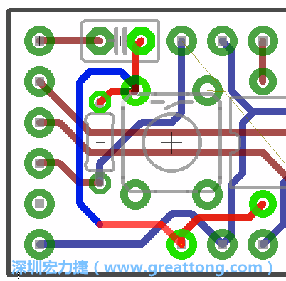為了要?jiǎng)?chuàng)造一個(gè)電路通道，首先要先點(diǎn)擊重置開(kāi)關(guān)的連結(jié)點(diǎn)進(jìn)行布線，在電路板的背面繪制線路直到其它線路前的乾淨(jìng)區(qū)域。