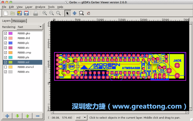 將圖層匯入你的Gerber預覽工具內(nèi)（下圖為Gerbv），我通常會從上到下重新排列它們的順序，好讓我比較好校對：