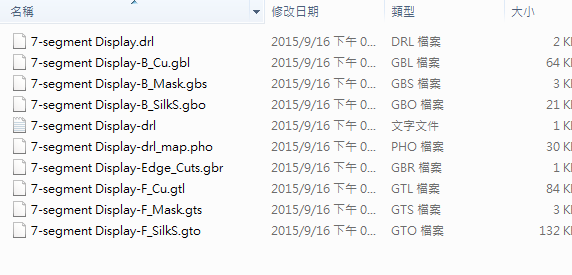 所謂Gerber檔，其實是包含一群檔案 (如下圖所示)，如包含正反面銅箔層 F.Cu B.Cu.，正反面文字面 F.Silkscreen ，B.Silkscreen，防焊層 SolderMask、板邊裁切Edge.Cuts 等。