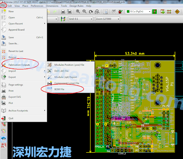 在Kicad的PCB Editor, 點選 File->Fabrication Outputs->BOM File, 即可產(chǎn)生一個 .csv 的Excel 檔案。