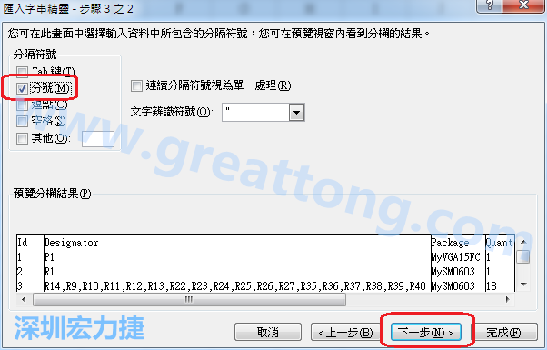 新增一個新的Excel文檔，[資料]匯入[從文字檔]，然后選擇剛產(chǎn)生的BOM (.csv)檔案，并以"分號"作為分隔符號。
