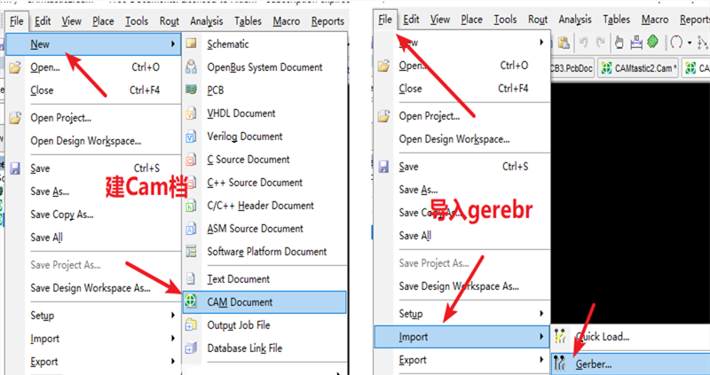 在File下新建 Cam檔，建后再File下導(dǎo)入Gerber文件，選擇所有文件導(dǎo)入gerber。
